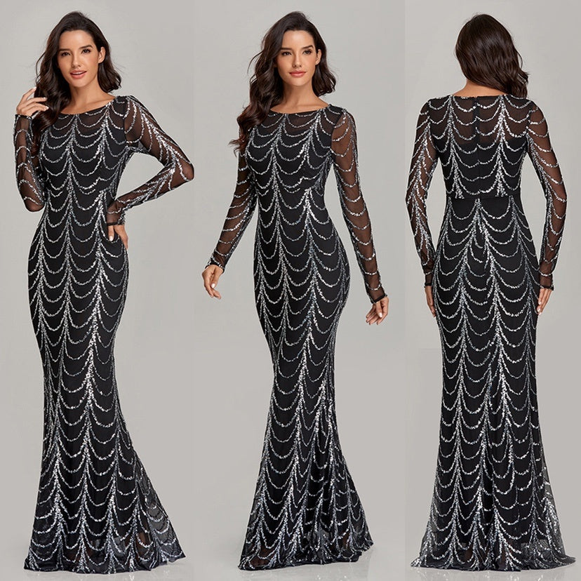 Sequined Long Sleeve Maxi Dress