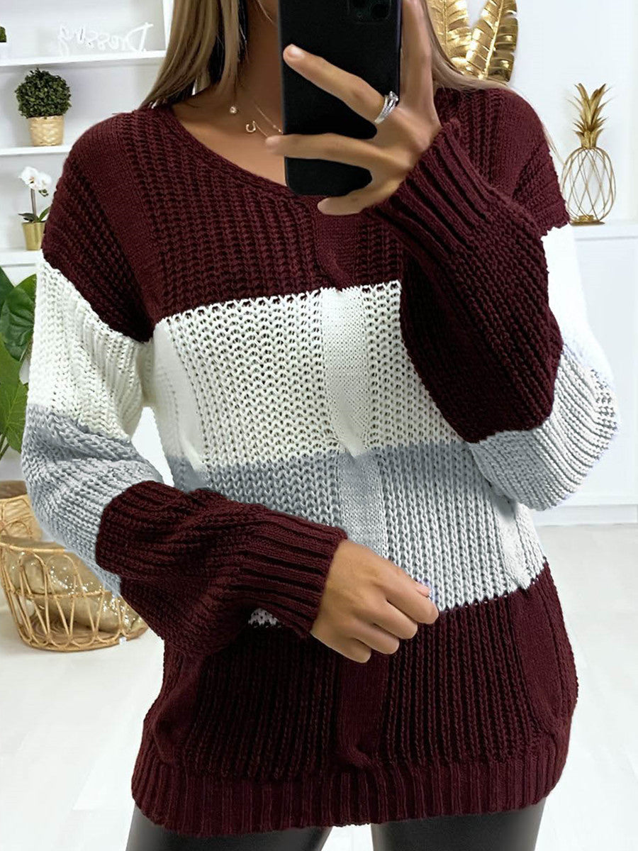 V-Neck Colorblock Knit Sweater