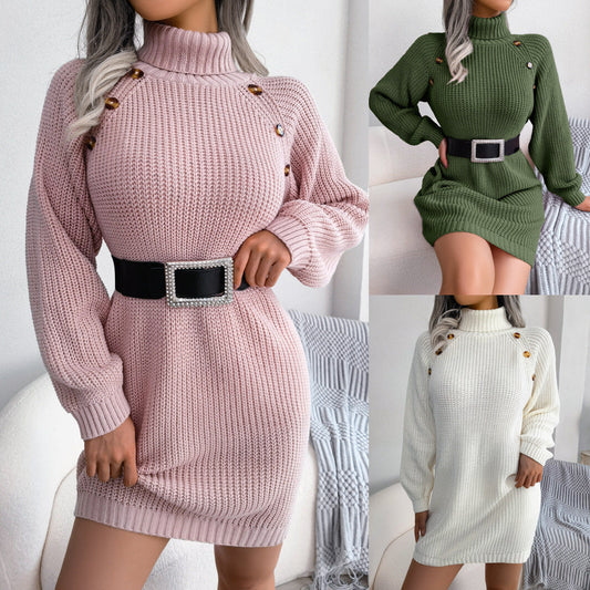 Cozy Turtleneck Button Dress
